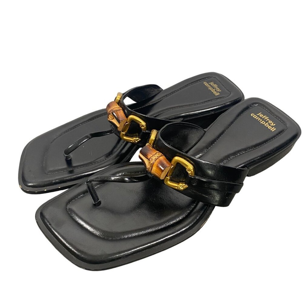 Jeffrey Campbell Black Leather Thong Sandals with Gold & Tan Hardware